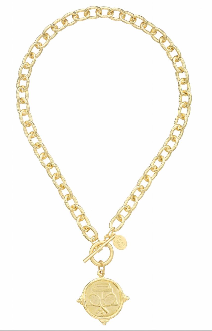 NEW SUSAN SHAW women's handcast tennis pendant on 16" toggle necklace in gold